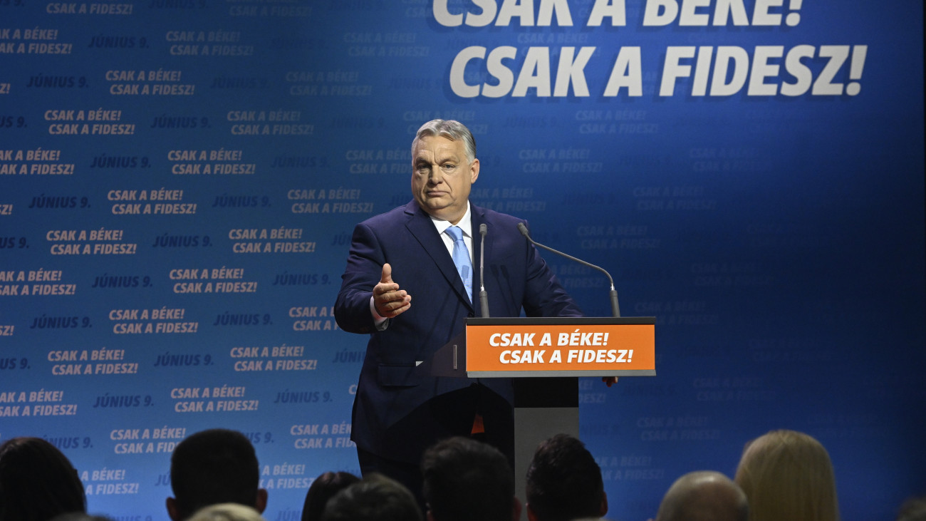 Orbán Viktor miniszterelnök, a Fidesz elnöke beszédet mond a Fidesz-KDNP európai választási kampányindító rendezvényén a Millenárison 2024. április 19-én.