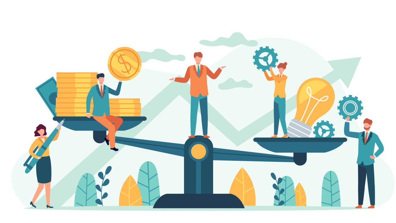 Money and idea balance. Investor compare business ideas and finance on scales. Buying creative project or startup, tiny human vector. Illustration idea equality profit, harmony and balance investment