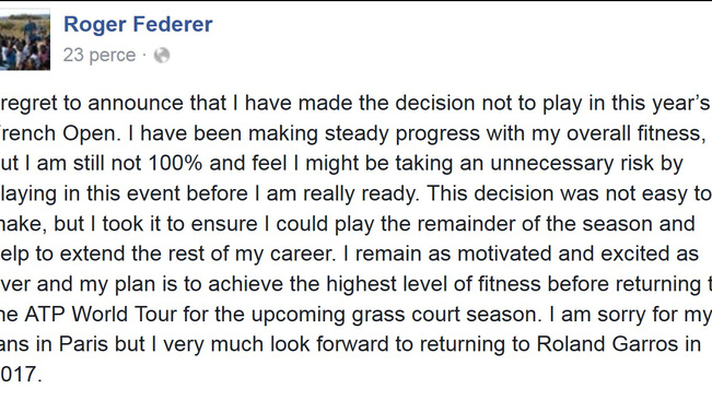 Federer kihagyja a Roland Garros-t