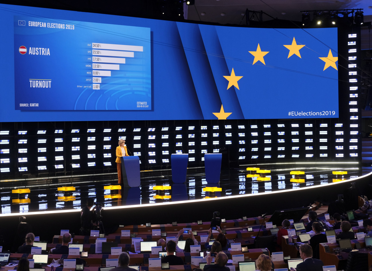 Ausztria első részeredményei a kivetítőn az Európai Parlament brüsszeli üléstermében kialakított sajtóközpontban. 
MTI/EPA/Olivier Hoslet