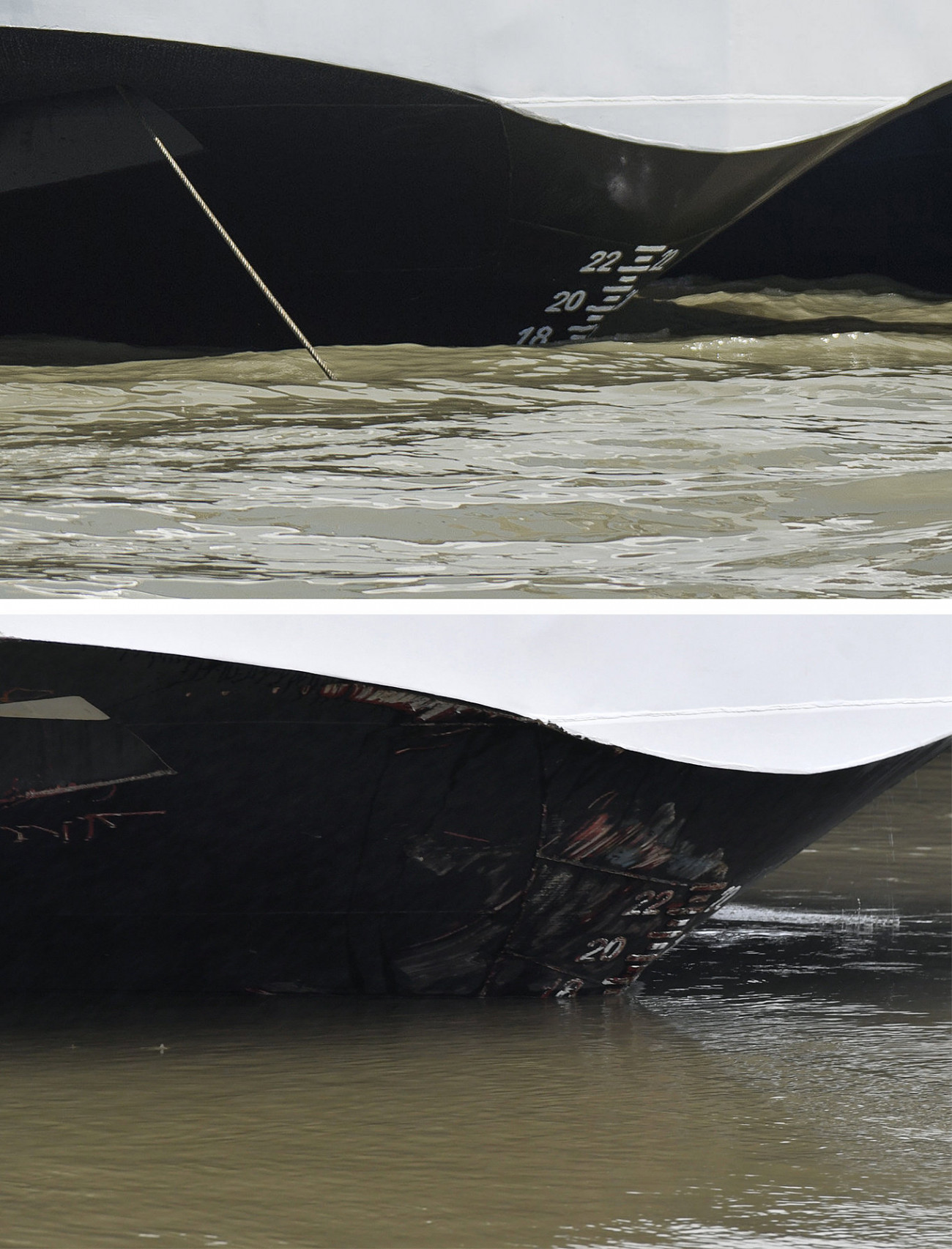 A kombóképen felül a balesetben részes, Magyarországra visszatérő Viking Sigyn szállodahajó a visegrádi hajóállomáson 2019. június 10-én, alatta a Duna Margit híd és Árpád híd közötti szakaszán 2019. május 30-án hajnalban. MTI/Cseke Csilla
