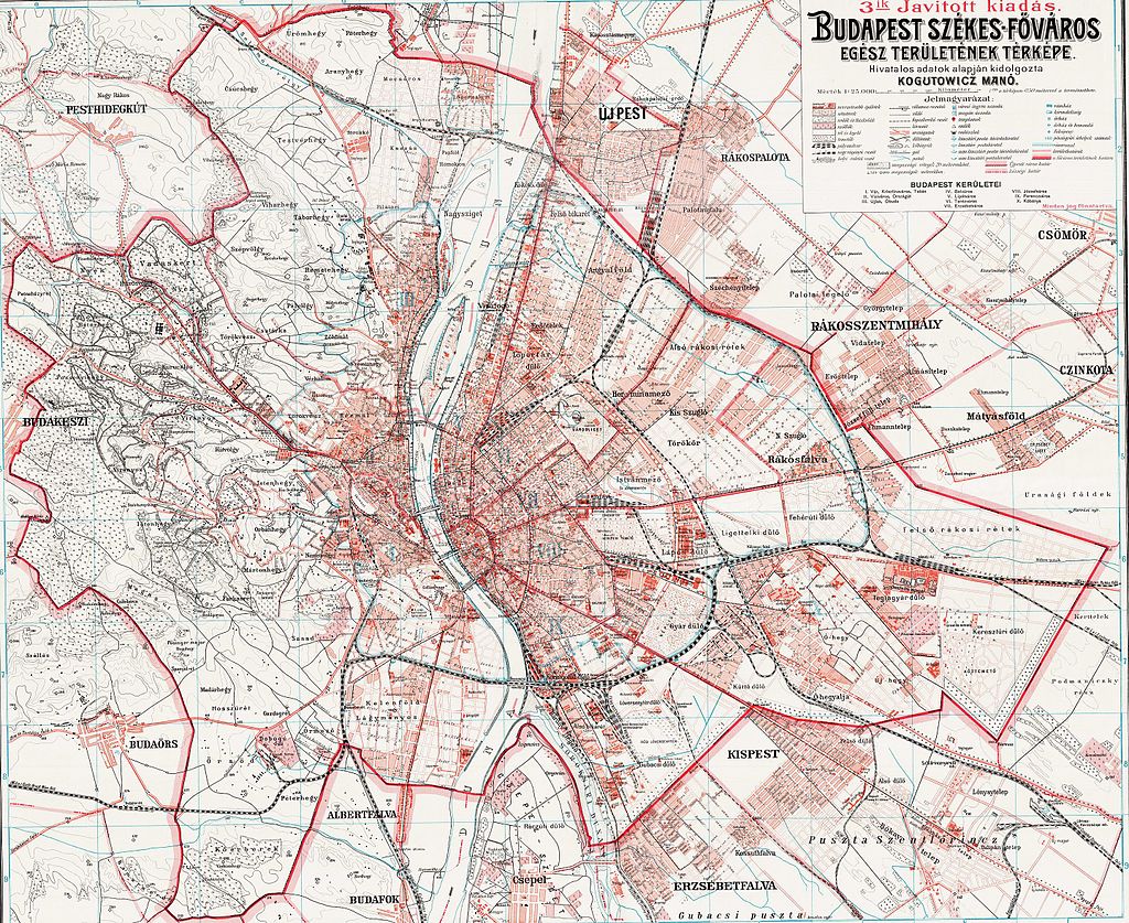 Kogutowicz Manó Budapest-térképe, 1908 (forrás: Wikipédia/Kogutowicz Manó/Cholnoky Jenő kolozsvári hagyatéka)