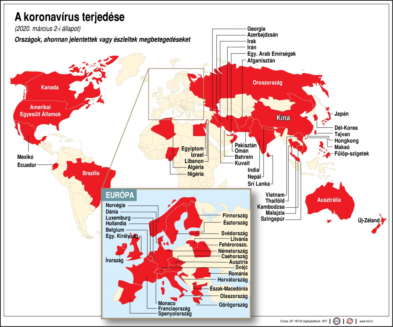 Országok, ahonnan jelentettek vagy észleltek megbetegedéseket
