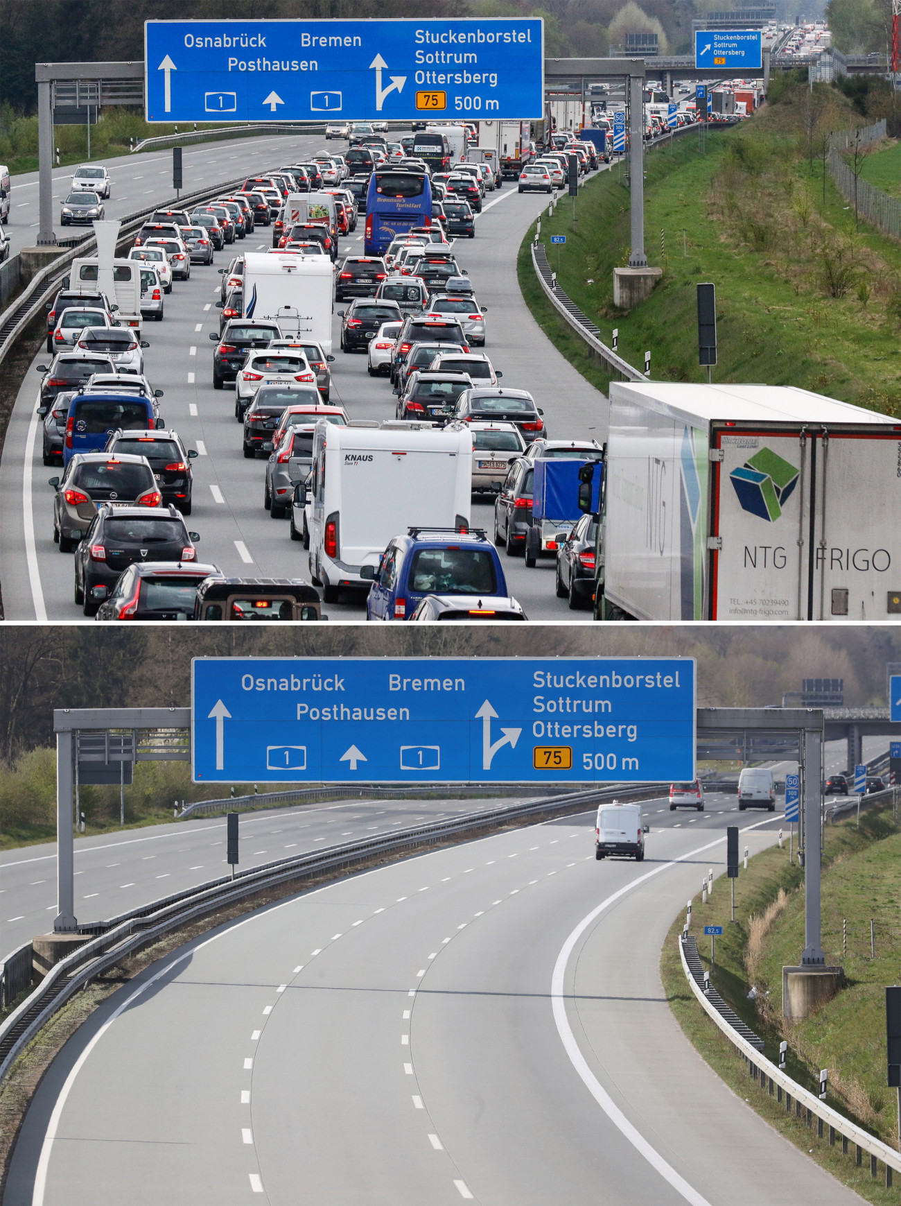 Sottrum, 2020. április 10.
A koronavírus-járvány idején, 2020. április 10-én, nagypénteken (alul), illetve a 2019-es nagypénteken (felül) készített képek az A1-es autópálya forgalmáról az észak-németországi Sottrum térségében.
MTI/EPA/Focke Strangmann