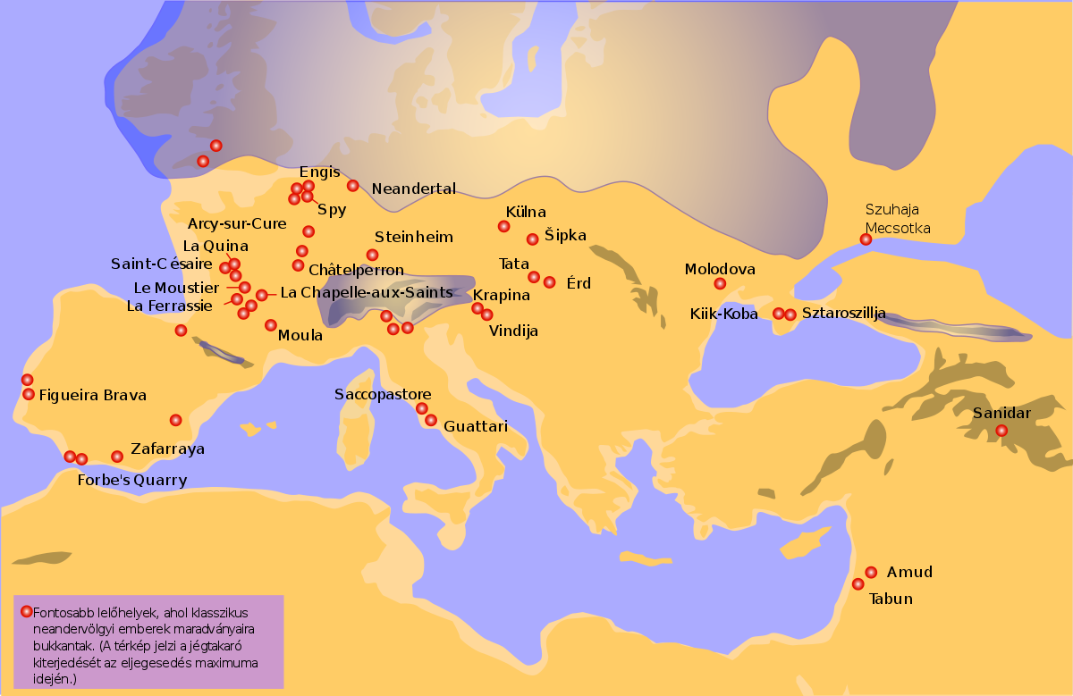 Klasszikus neandervölgyi maradványok lelőhelyeinek térképe (Forrás: Wikipédia/120, Teemeah)