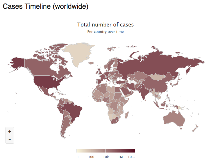 Az új típusú koronavírus elterjedtsége a világ országaiban 2020. 06.12-én a Worldometers adatai alapján. A terjedésről animáció is megtekinthető ezen az oldalon (lejjebb kell görgetni az oldal közepe tájára!)