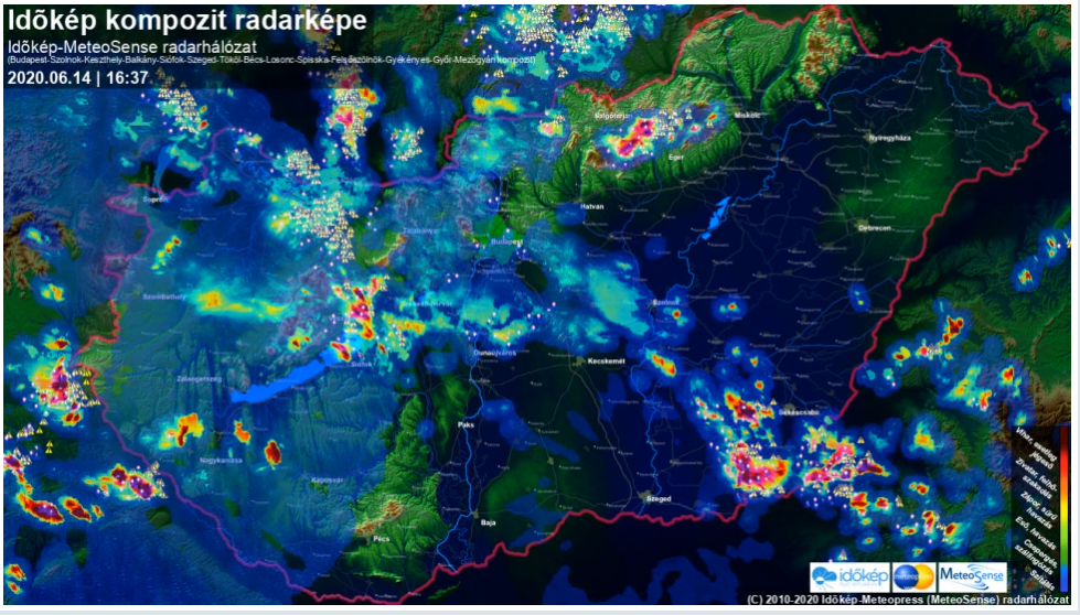 Az Időkép radarképe háromnegyed ötkor - Budapesten csendesül az idő, északnyugat felé húzódott a leghevesebb zivatargóc