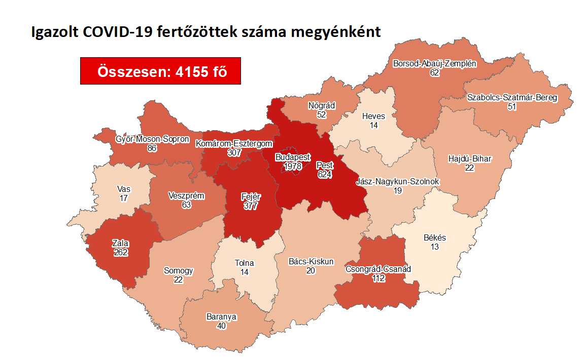 Az eddigi összes regisztrált Covid-19 megbetegedés eloszlása Magyarországon (Forrás: koronavirus.gov.hu)