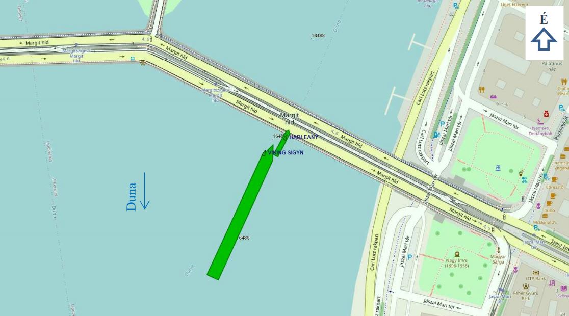 21:05:35 a Viking Sigyn kabinos személyhajó a hídnyílásban utoléri a Hableány termes személyhajót és nekiütközik 
ITM/Közlekedésbiztonsági Szervezet/RSOE hajóútvonal visszajátszó