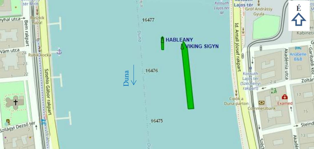 20:56 a Hableány termes személyhajó balról előzi a Viking Sigyn kabinos személyhajót.
ITM/Közlekedésbiztonsági Szervezet/RSOE hajóútvonal visszajátszó