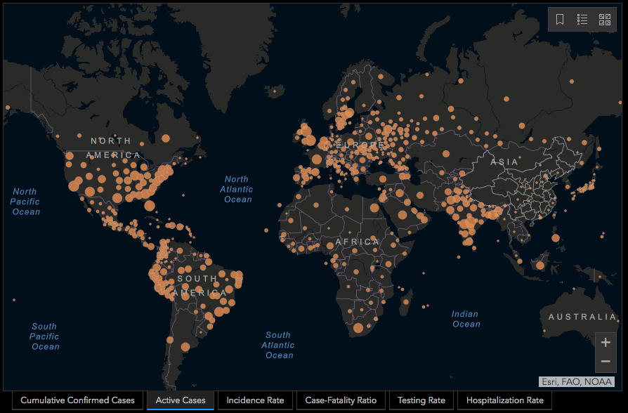 Az aktív esetek megjelenítése a világtérképen (forrás: Johns Hopkins Egyetem)