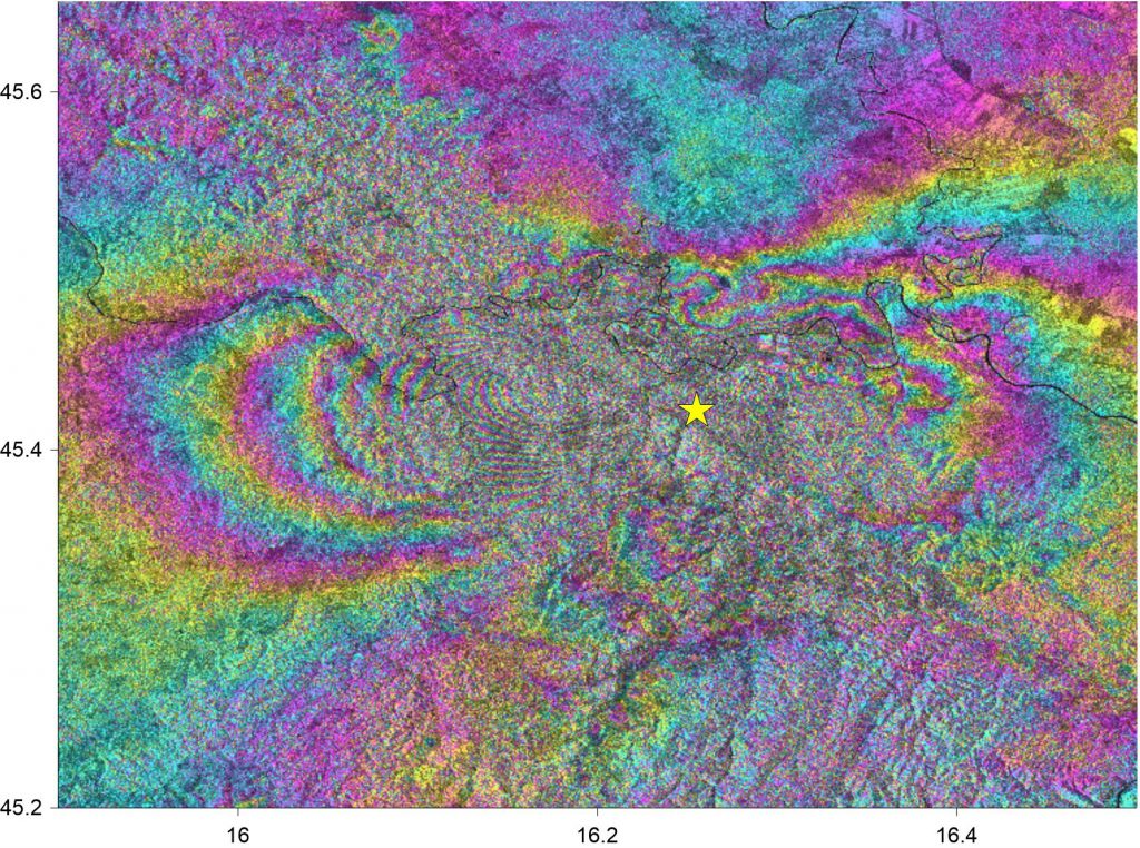Az interferogramon a deformáció mértékét a színskála érzékelteti, ahol a szivárvány színeinek egy ciklusa egy fél hullámhossznak (2,8 cm) felel meg. (Kép: Copernicus Sentinel adatok 2020 / feldolgozás: Geo-Sentinel Kft.)
