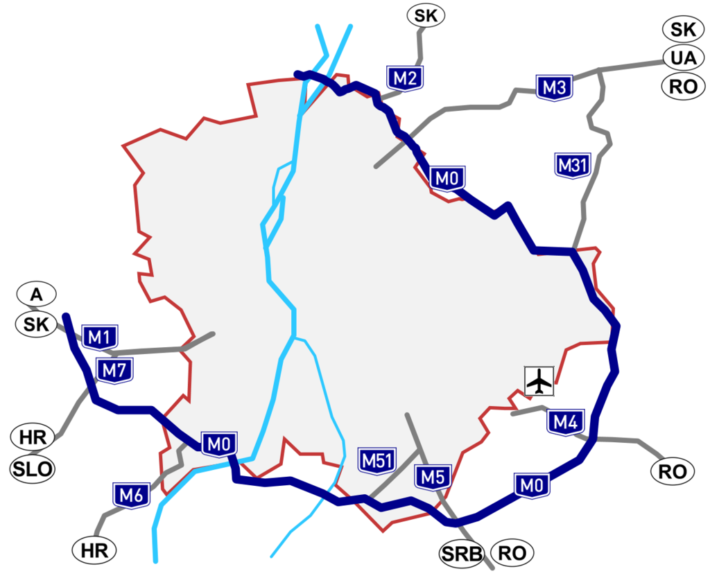 Az M0-s gyorsforgalmi út sematikus nyomvonala.