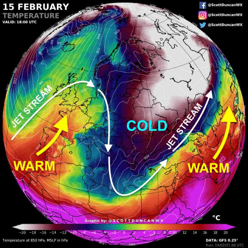 Északon a hideg, délen a meleg eloszlása Európa fölött a futóáramlat mentén idén február közepén