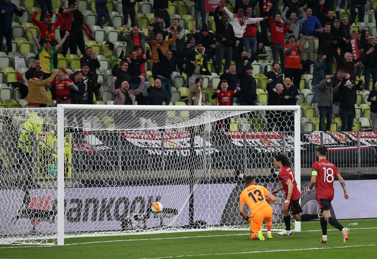 Edinson Cavani (Manchester United) ünnepli első gólját a Villarreal elleni Európa-liga-döntőben (Matthew Peters/Manchester United/Getty Images)