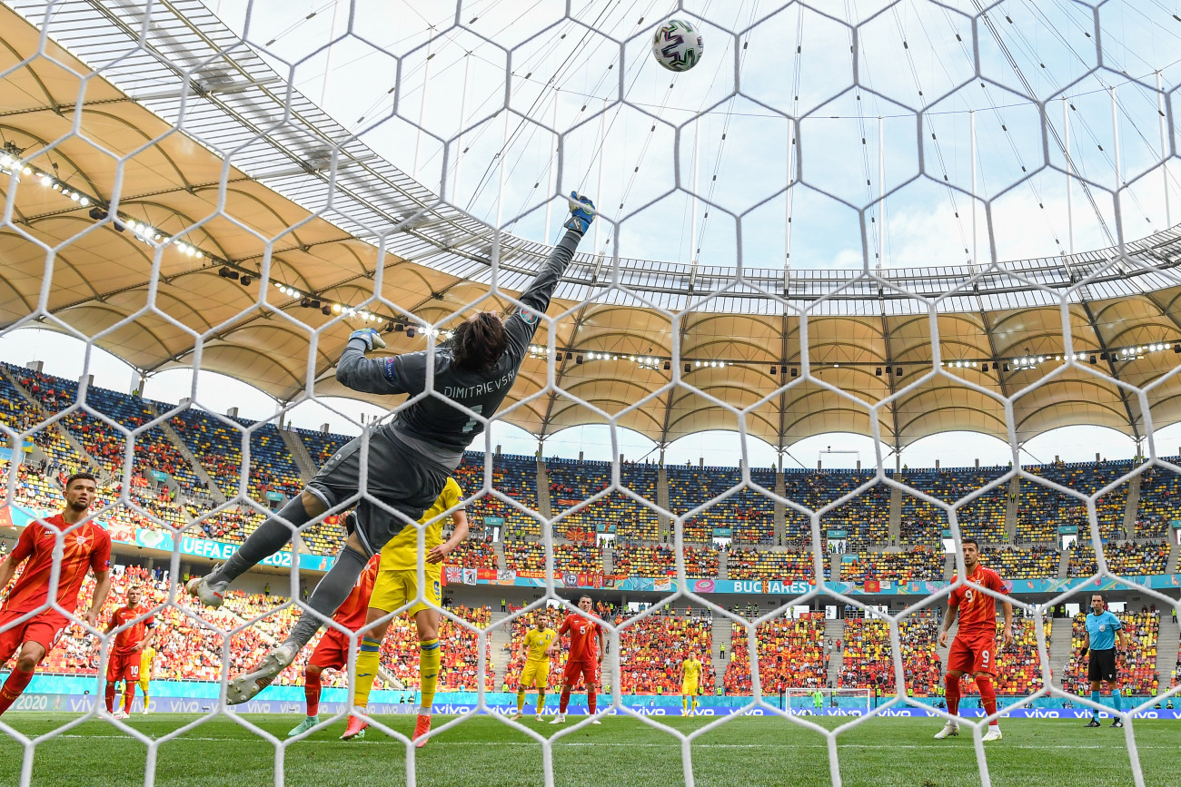 BUCHAREST, ROMANIA - JUNE 17: Stole Dimitrievski of North Macedonia makes a save during the UEFA Euro 2020 Championship Group C match between Ukraine and North Macedonia at National Arena on June 17, 2021 in Bucharest, Romania. (Photo by Justin Setterfield/Getty Images)