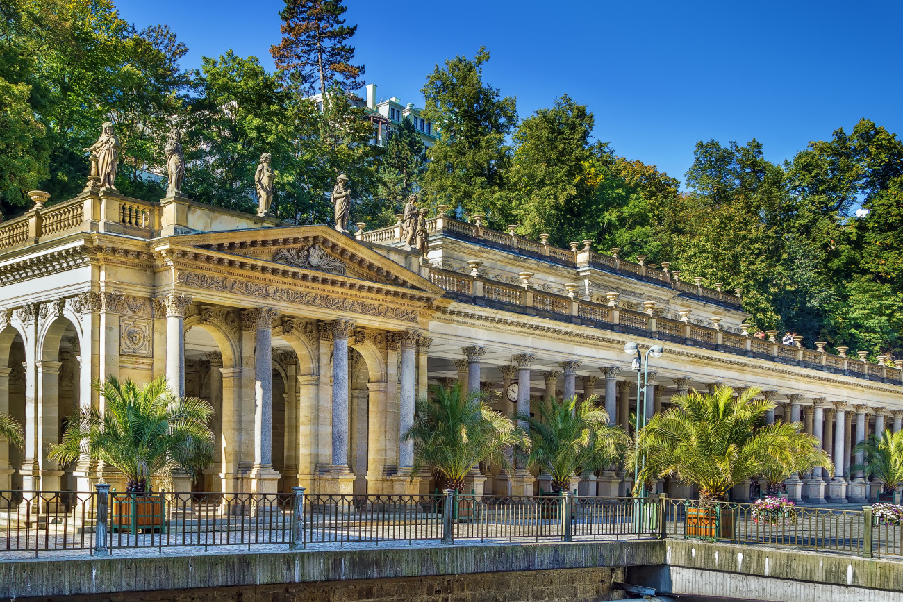 Mill Colonnade is a large colonnade containing several hot springs in the spa town of Karlovy Vary., Czech; republic - Borisb17/Getty Images