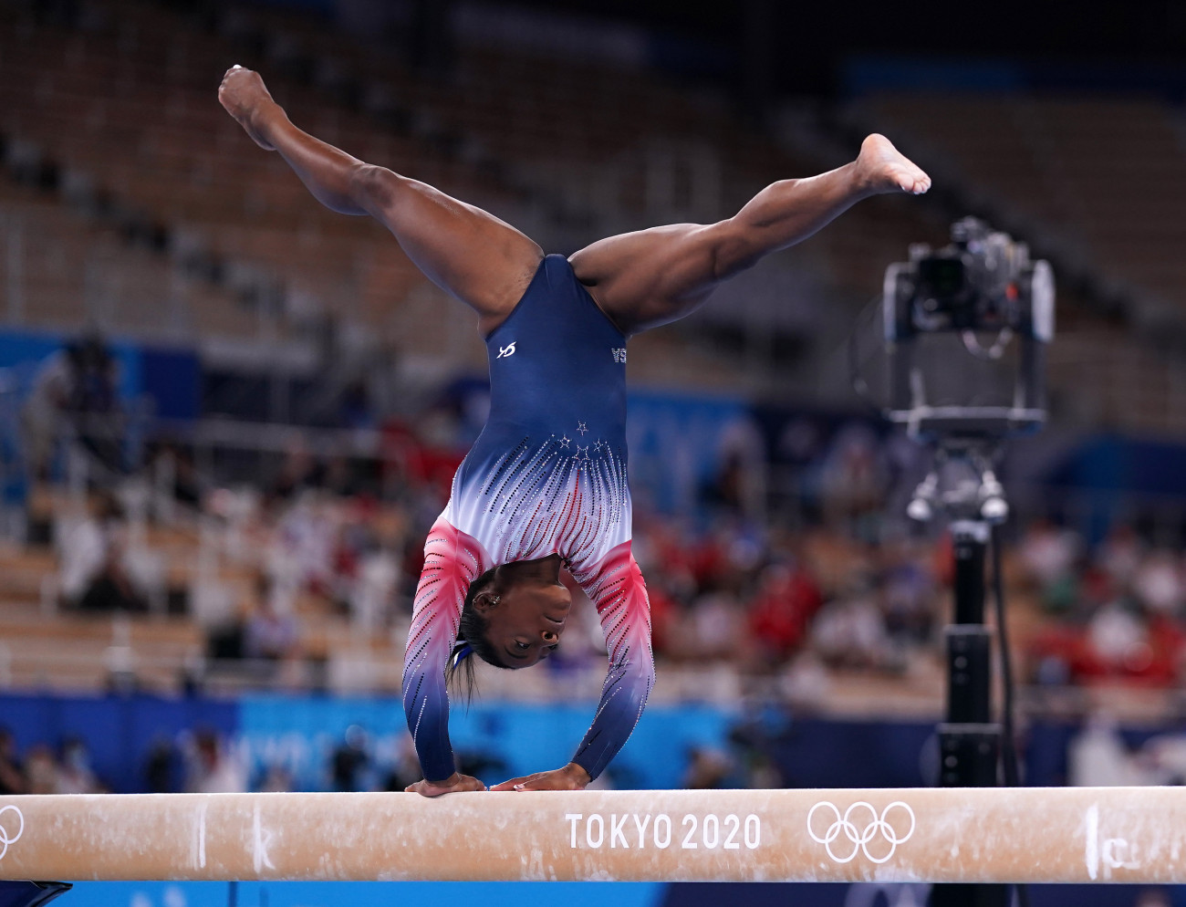 USA's Simone Biles in the Women's Balance Beam Final at Ariake Gymnastic Centre on the eleventh day of the Tokyo 2020 Olympic Games in Japan. Picture date: Tuesday August 3, 2021. (Photo by Mike Egerton/PA Images via Getty Images)