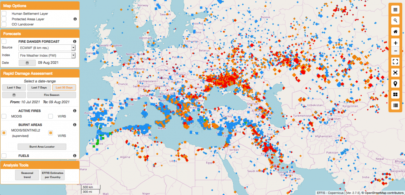 Erdőtüzek az elmúlt 30 napban - a Copernicus interaktív világtérképe itt érhető el.