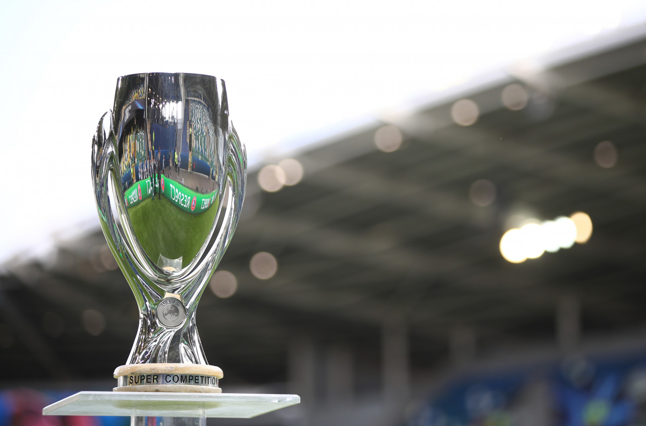 BELFAST, NORTHERN IRELAND - AUGUST 11: The UEFA Super Cup trophy is seen on display inside the stadium prior to the UEFA Super Cup 2021 match between Chelsea FC and Villarreal CF at the National Football Stadium at Windsor Park on August 11, 2021 in Belfast, Northern Ireland. (Photo by Chris Lee - Chelsea FC/Chelsea FC via Getty Images)