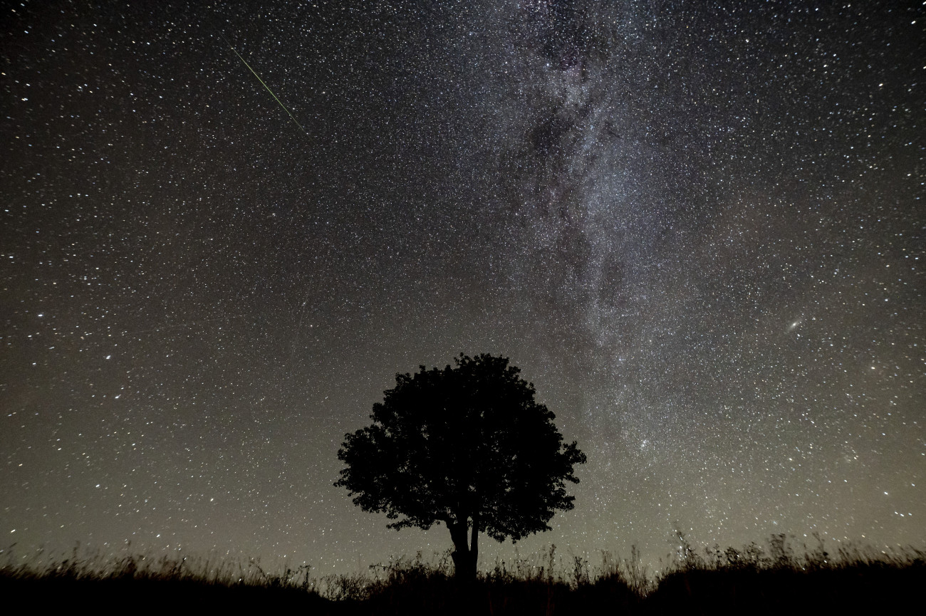 Nógrádmegyer, 2021. augusztus 13.
Meteor az égbolton Nógrádmegyer közeléből fotózva 2021. augusztus 12-én éjjel. A Perseidák az egyik legismertebb, sűrű csillaghullást előidéző meteorraj. A raj sok apró porszemcséből áll, amelyek a földi légkörben nagy sebességük következtében felhevülnek és elégnek.
MTI/Komka Péter