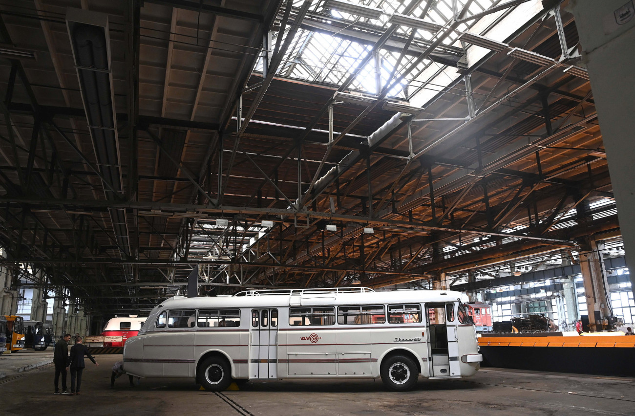 Budapest, 2021. augusztus 27.
A Közlekedési Múzeum gyűjteményfejlesztési programja keretében frissen restaurált Ikarus 66-os autóbusz az Északi Járműjavító dízelcsarnokában tartott bemutatón 2021. augusztus 27-én. A most először látható modell többéves restaurálási munka során kapta vissza eredeti állapotát. A típus elterjedt becenevét, a Farost a jármű farmotoros elrendezése, és az ehhez kapcsolódó jellegzetes, a járműtestből hátra kinyúló motorsátor ihlette.
MTI/Bruzák Noémi