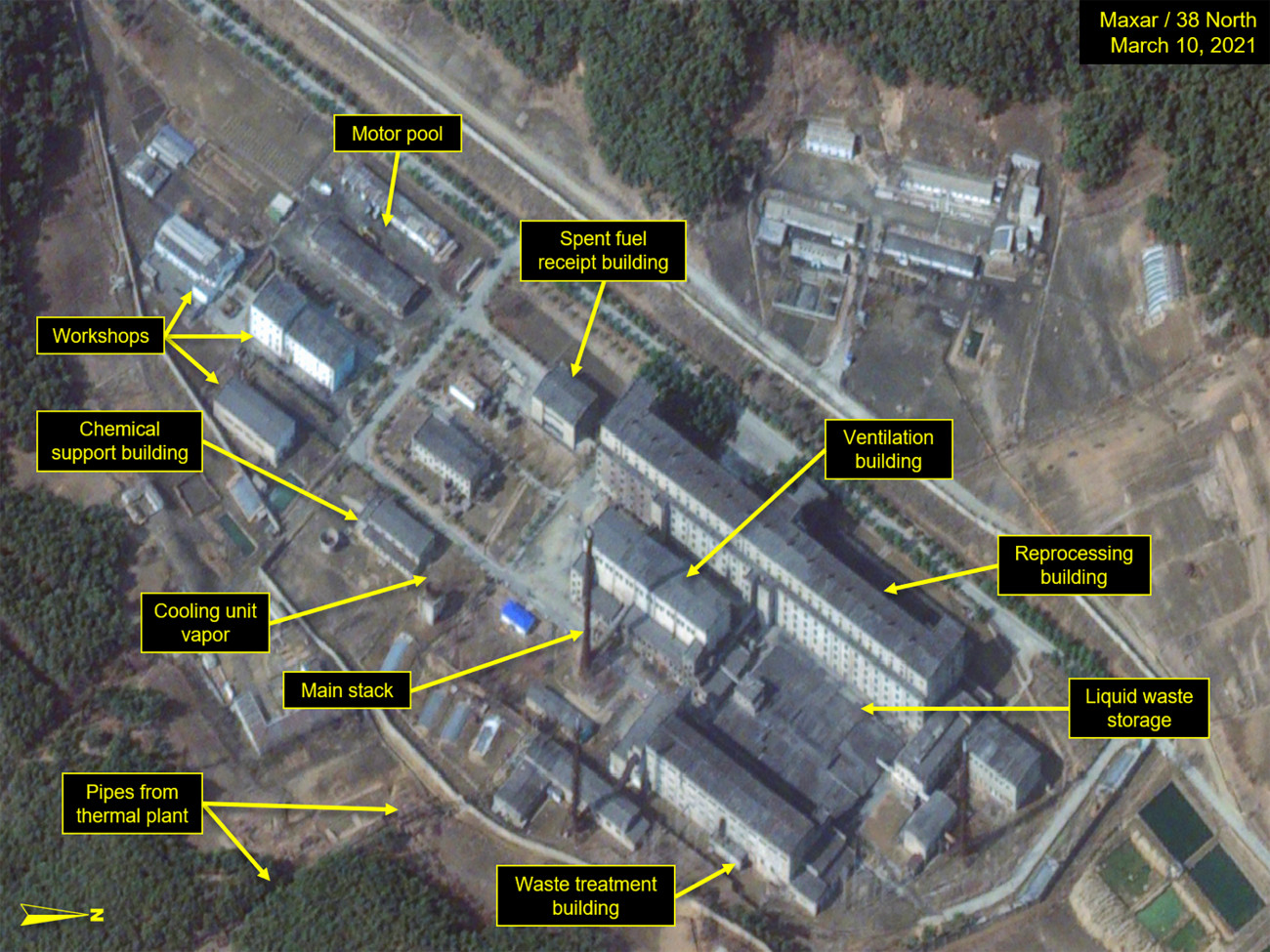 YONGBYON NUCLEAR COMPLEX,  NORTH KOREA -- MARCH 10, 2021:  Figure 1. The Radiochemical Laboratory consists of several buildings inside the perimeter wall.  Analysis by 38 North.  Please use: Satellite image (c) 2021 Maxar Technologies.