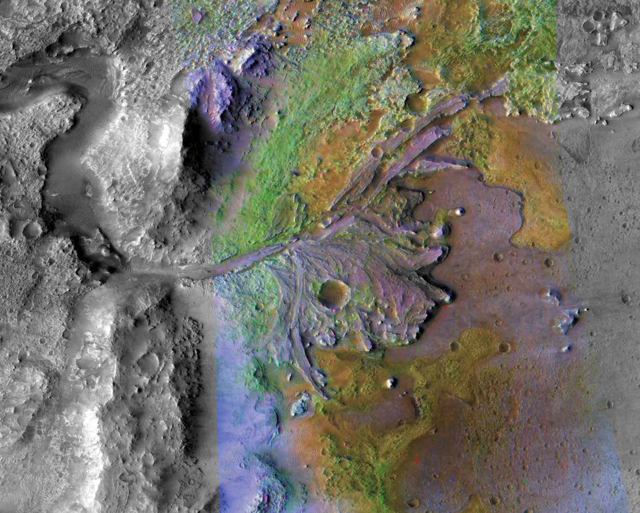 A NASA azért választotta a Perseverance landolásának helyszínéül a Jezero-krátert, mert a tudósok azt gyanították, hogy egy ősi folyó delta torkolata lehetett itt (NASA/JPL-Caltech/MSSS/JHU-APL)