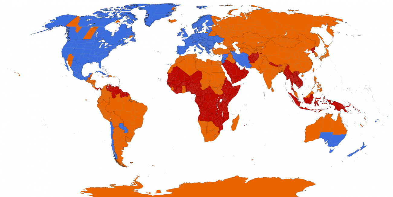 A nyári időszámítás használata a Föld országaiban. Jelenleg van (kék); jelenleg nincs, de korábban volt (narancssárga); nincs és soha nem is volt (vörös)