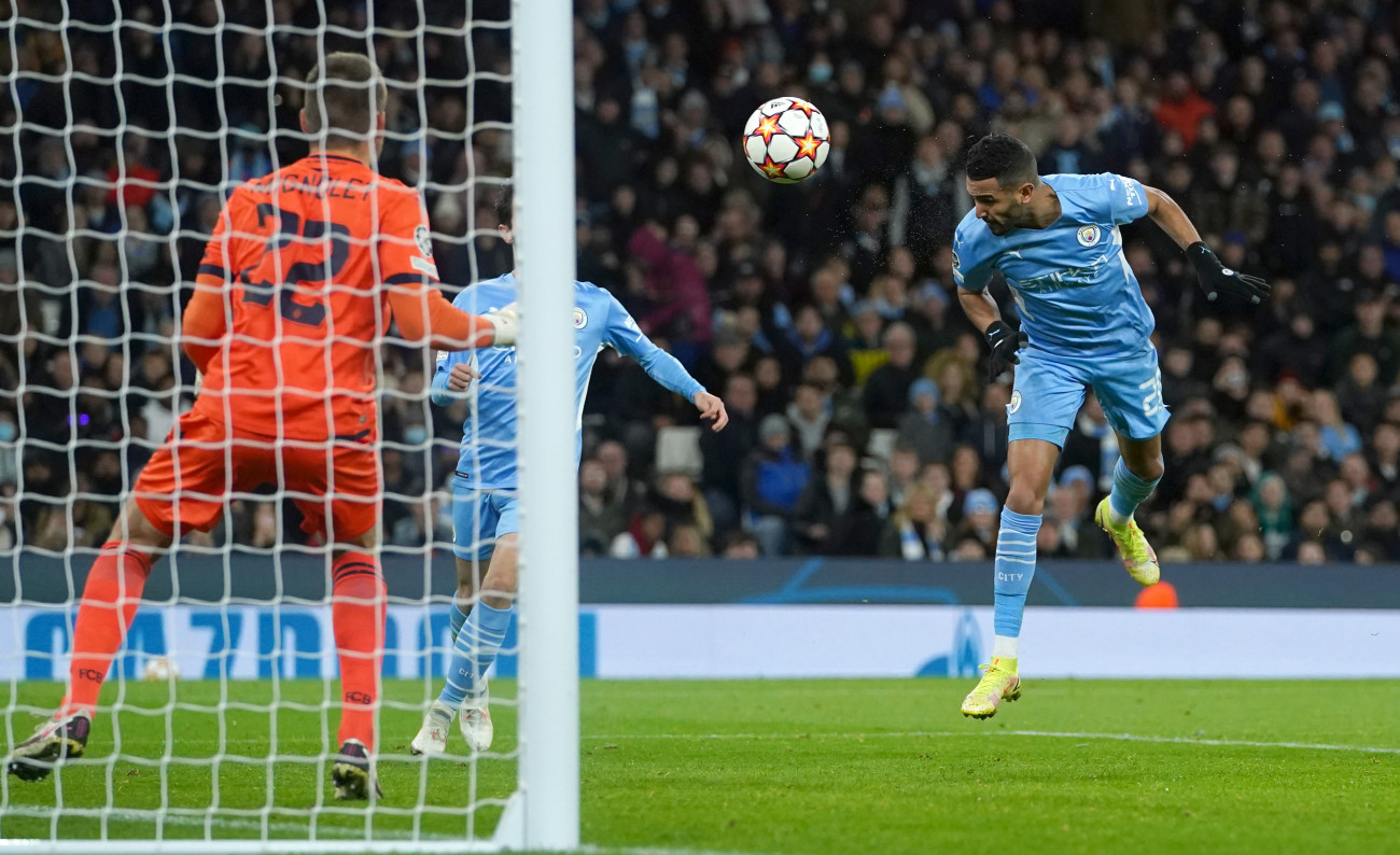 Manchester City's Riyad Mahrez (right) scores their side's second goal of the game during the UEFA Champions League Group A match at Etihad Stadium, Manchester. Picture date: Wednesday November 3, 2021. (Photo by Martin Rickett/PA Images via Getty Images)
