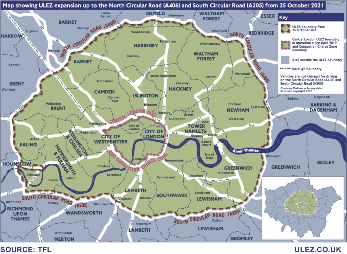 A kibővített ULEZ-zóna, a kis képen Nagy-London régión belül