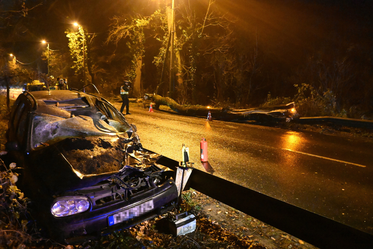 Budapest, 2021. november 26.
Összeroncsolódott személyautó a II. kerületi Nagykovácsi úton 2021. november 26-án, miután a járműre rádőlt egy nagyméretű fa. A balesetben egy ember súlyosan megsérült.
MTI/Mihádák Zoltán