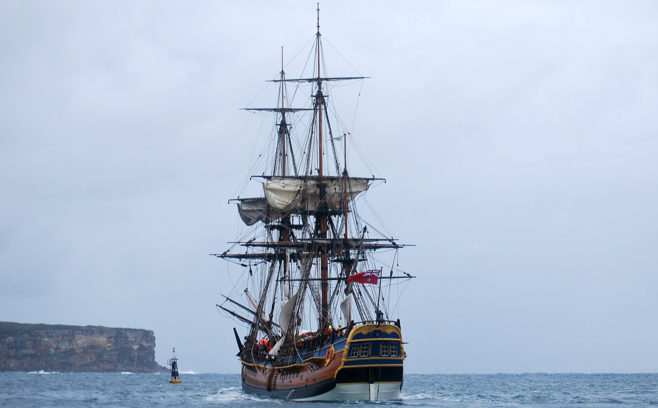 SYDNEY, AUSTRALIA - APRIL 16:   In this handout image provided by Perth 2011, HMB Endeavour, the replica of Captain James Cook's ship, is farewelled from Sydney Harbour on April 16, 2011 in Sydney, Australia. The ship was farewelled from Sydney to start her circumnavigation of Australia, ending up in Fremantle where she will play a role in the Perth 2011 ISAF Sailing World Championships in December. (Photo by Richard Palfreyman/Perth 2011 via Getty Images)