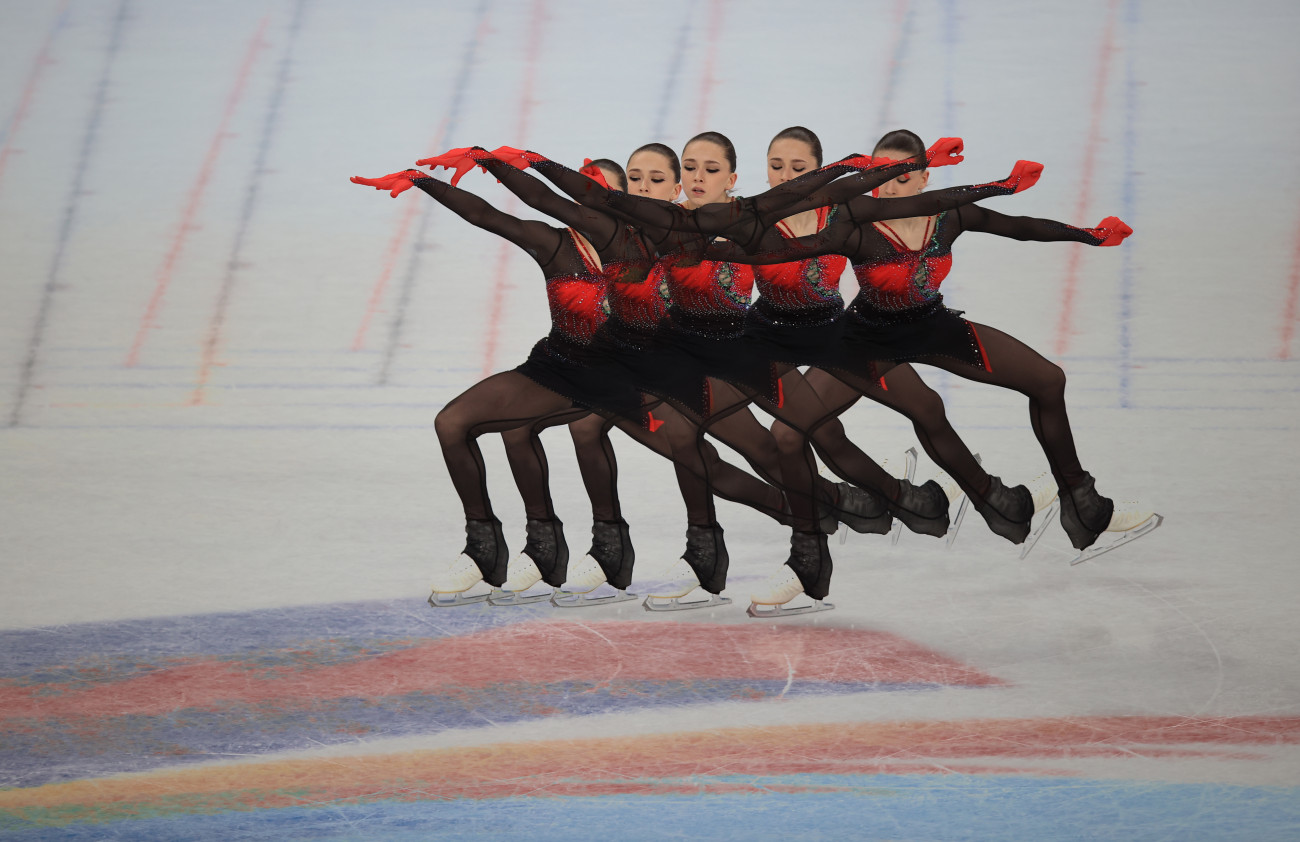 BEIJING, CHINA - FEBRUARY 07: (EDITORS NOTE: Multiple exposures were combined in camera to produce this image.) Kamila Valieva of Team ROC skates during the Women Single Skating Free Skating Team Event on day three of the Beijing 2022 Winter Olympic Gamesat Capital Indoor Stadium on February 07, 2022 in Beijing, China. (Photo by Amin Mohammad Jamali/Getty Images)