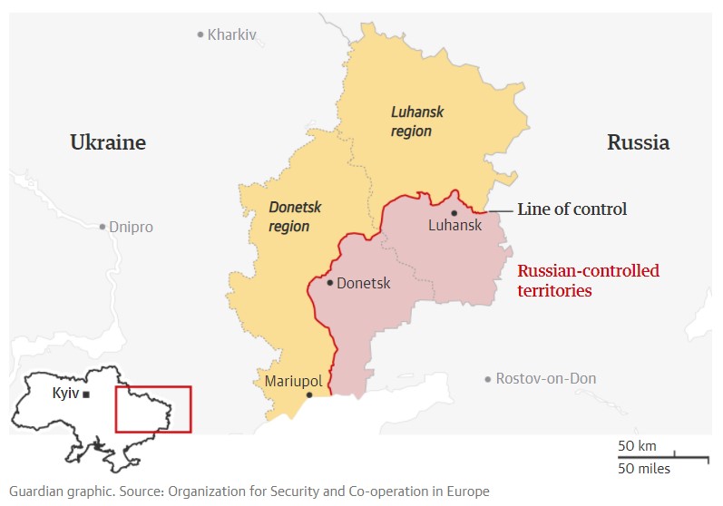 Oroszok elllenőrizte területek Ukrajnán belül, Guardian-grafika