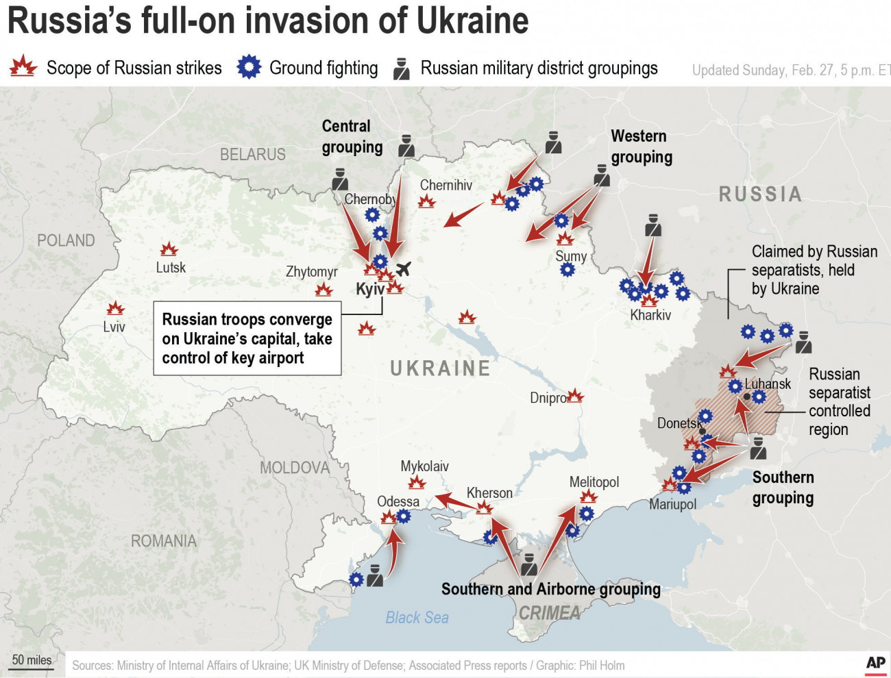 Ukrajna, 2022. február 28.
2022. február 28-án közreadott kép egy térképről, amely a február 27-én 17 óráig Ukrajnában bekövetkezett orosz légicsapások és szárazföldi támadások helyszíneit szemlélteti. Vlagyimir Putyin orosz elnök február 24-én rendelte el katonai művelet végrehajtását Ukrajnában.
MTI/AP/AP Staff