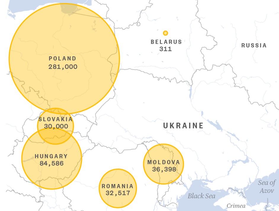 Az Ukrajnából menekülők száma, NBC News grafikon