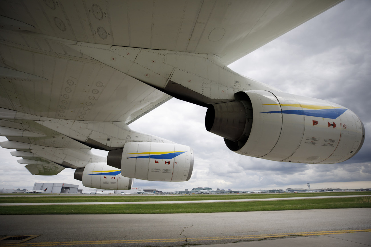 Three engines are seen on the wing of the Antonov AN-225 Mriya aircraft at Toronto Pearson International Airport in Toronto, Ontario, Canada, as it drops off medical supplies on Saturday, May 30, 2020. The Antonov is the largest and heaviest cargo plane in the world and has previously delivered medical supplies to Japan, Alaska, and Quebec. Photographer: Cole Burston/Bloomberg via Getty Images