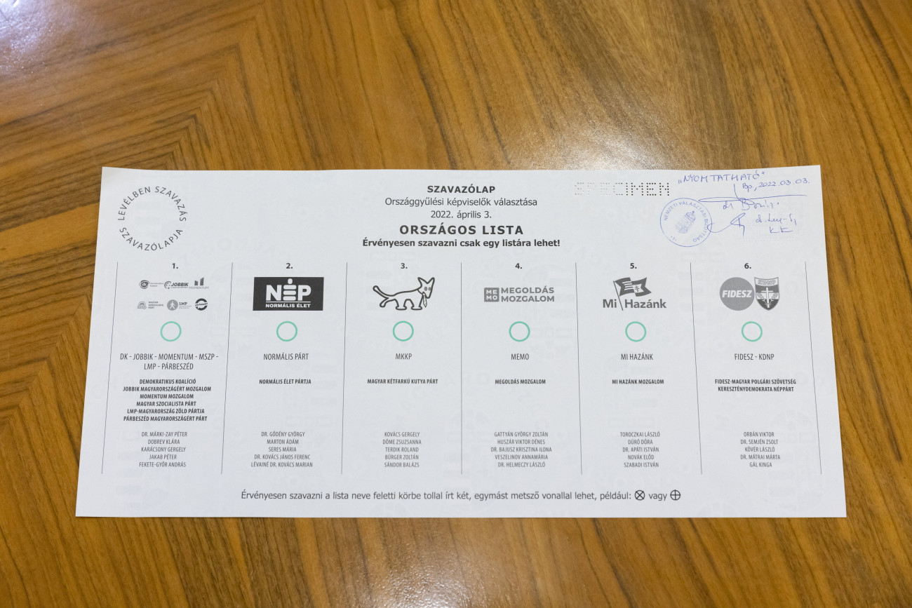Budapest, 2022. március 3.
Levélben szavazásra készült országos pártlistás szavazólap mintája a Nemzeti Választási Bizottság (NVB) ülésén 2022. március 3-án. A tanácskozáson az NVB jóváhagyta az országos pártlistás szavazólapok mintáját. Az egyik a magyarországi szavazásra, a másik a levélben szavazásra készült. A szavazólapokon hat pártlista neve szerepel.
MTI/Mohai Balázs