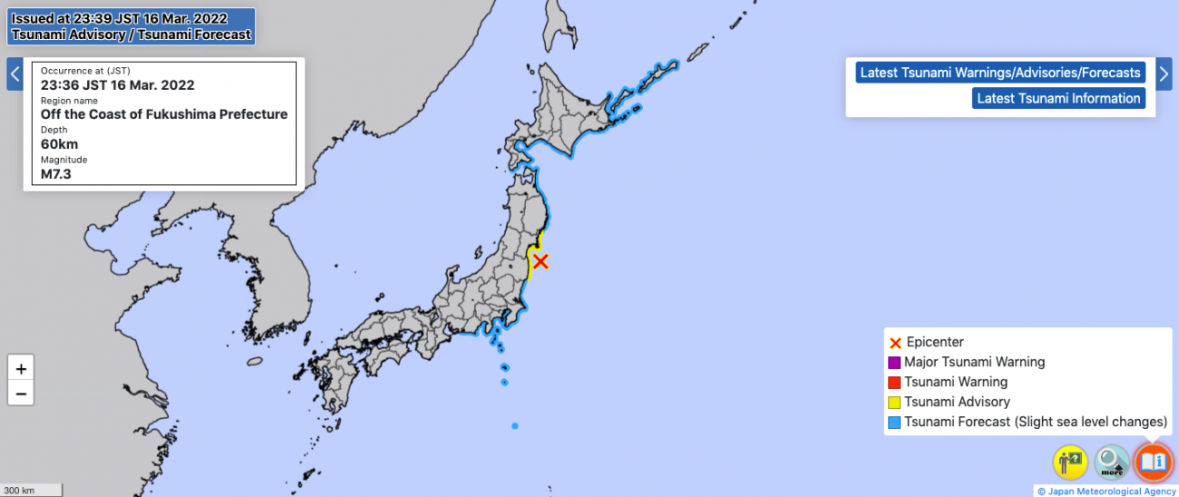 A Japán Meteorológiai Ügynökség cunamiriadó-térképe