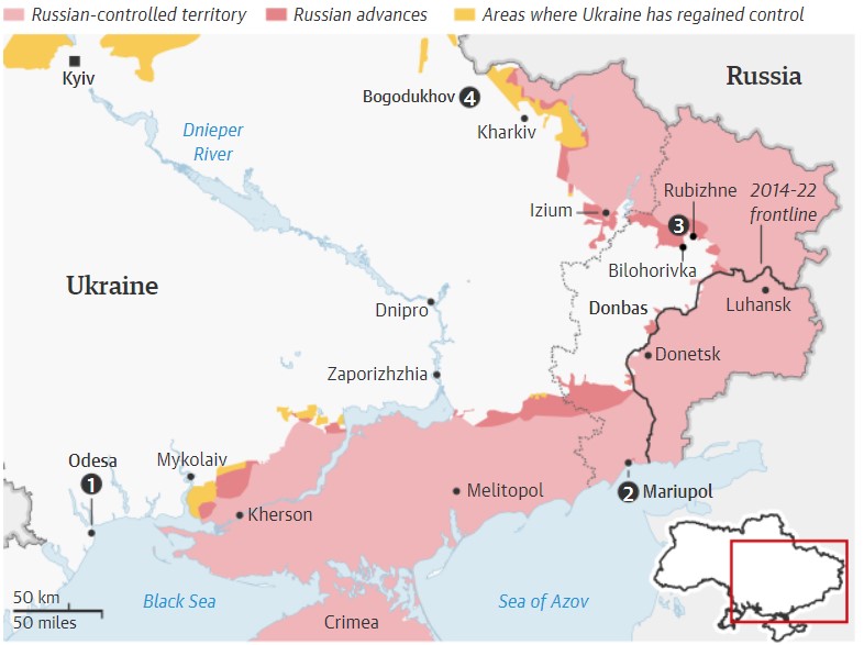 A harcok jelenlegi állása: a halványabb rózsaszín területek jelölik az oroszok kontrollálta területet, a sötétebbek a friss előrenyomulást, a sárgák pedig azokat, ahol az ukránok visszanyerték a kontrollt