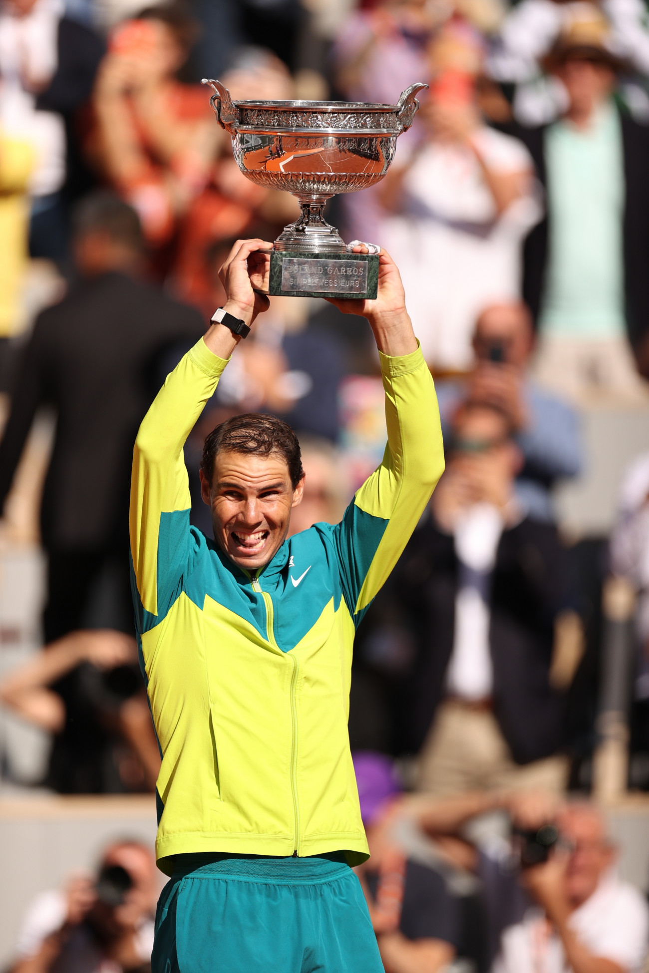 PARIS, FRANCE - JUNE 05: Rafael Nadal of Spain celebrates with the trophy after winning against Casper Ruud of Norway during the Men's Singles Final match on Day 15 of The 2022 French Open at Roland Garros on June 05, 2022 in Paris, France. (Photo by Ryan Pierse/Getty Images)