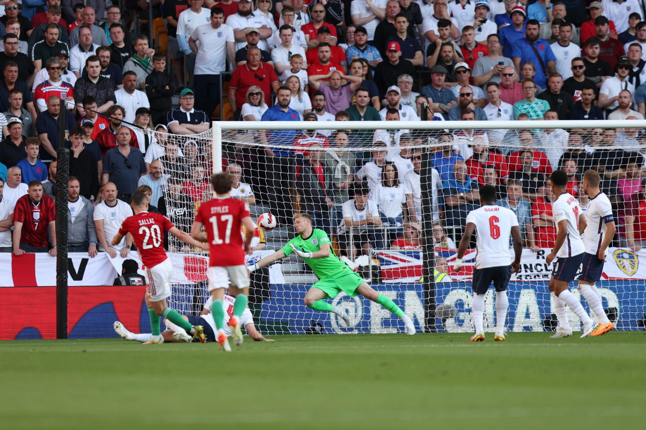 WOLVERHAMPTON, ENGLAND - JUNE 14: Roland Sallai of Hungary scores a goal to make it 0-1 during the UEFA Nations League League A Group 3 match between England and Hungary at Molineux on June 14, 2022 in Wolverhampton, United Kingdom. (Photo by James Baylis - AMA/Getty Images)