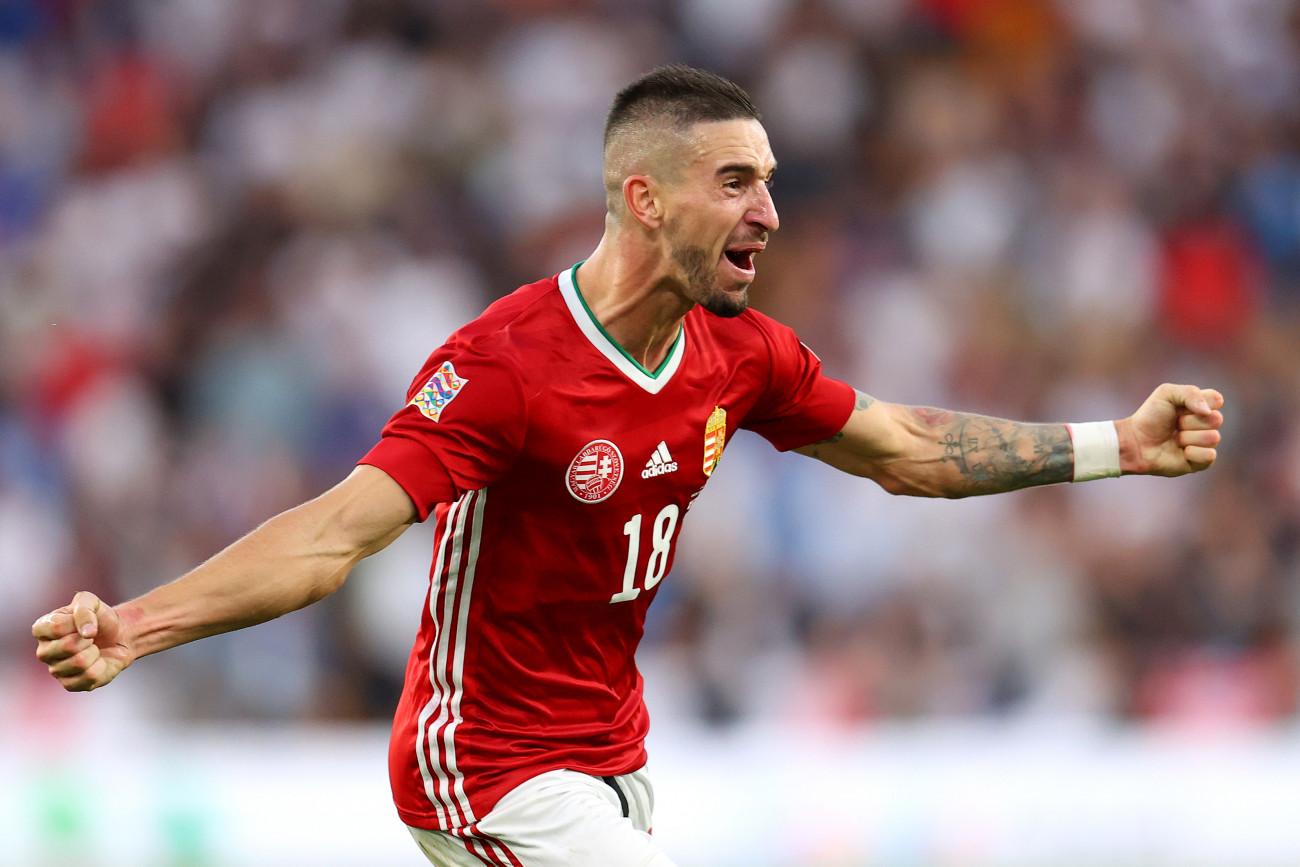 WOLVERHAMPTON, ENGLAND - JUNE 14: Zsolt Nagy of Hungary celebrates after scoring their team's third goal during the UEFA Nations League - League A Group 3 match between England and Hungary at Molineux on June 14, 2022 in Wolverhampton, England. (Photo by Catherine Ivill/Getty Images)