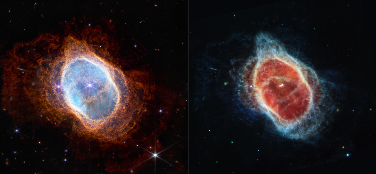 A Déli Gyűrűs-köd a James Webb-űrtávcső két kamerájának felvételein. Forrás: NASA, ESA, CSA, and STScI