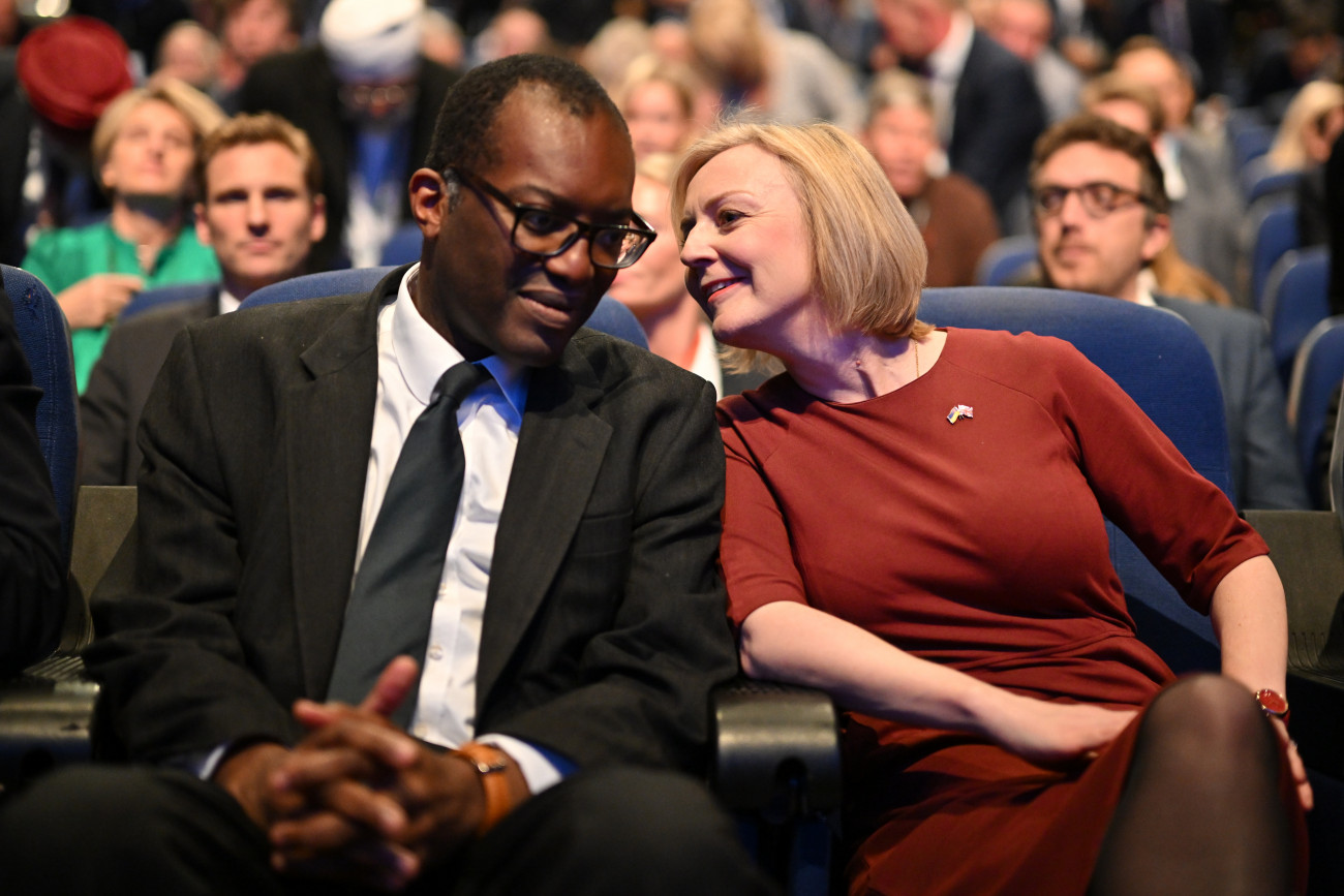 BIRMINGHAM, ENGLAND - OCTOBER 02: Chancellor of the Exchequer Kwasi Kwarteng and British Prime Minister Liz Truss attend the annual Conservative Party conference on October 02, 2022 in Birmingham, England. This year the Conservative Party Conference will be looking at 