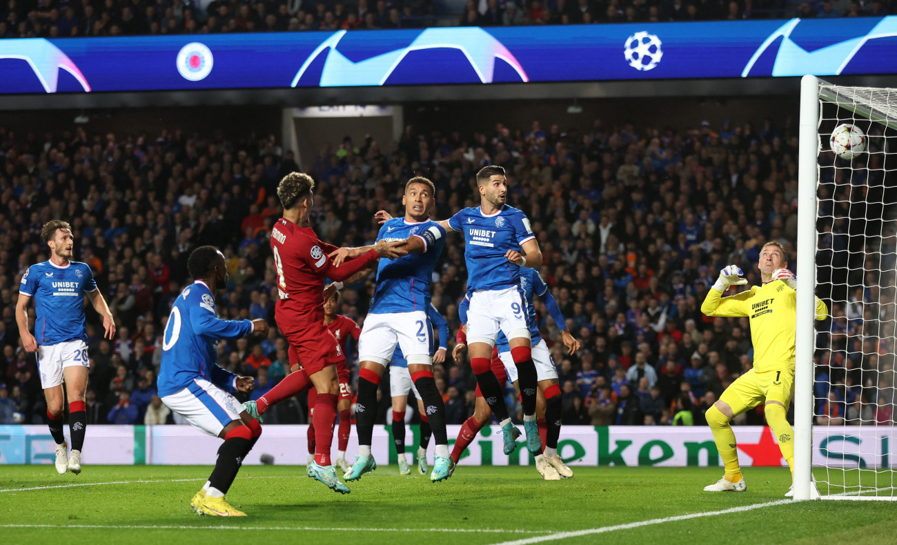 Soccer Football - Champions League - Group A - Rangers v Liverpool - Ibrox Stadium, Glasgow, Scotland, Britain - October 12, 2022 Liverpool's Roberto Firmino scores their first goal REUTERS/Russell Cheyne