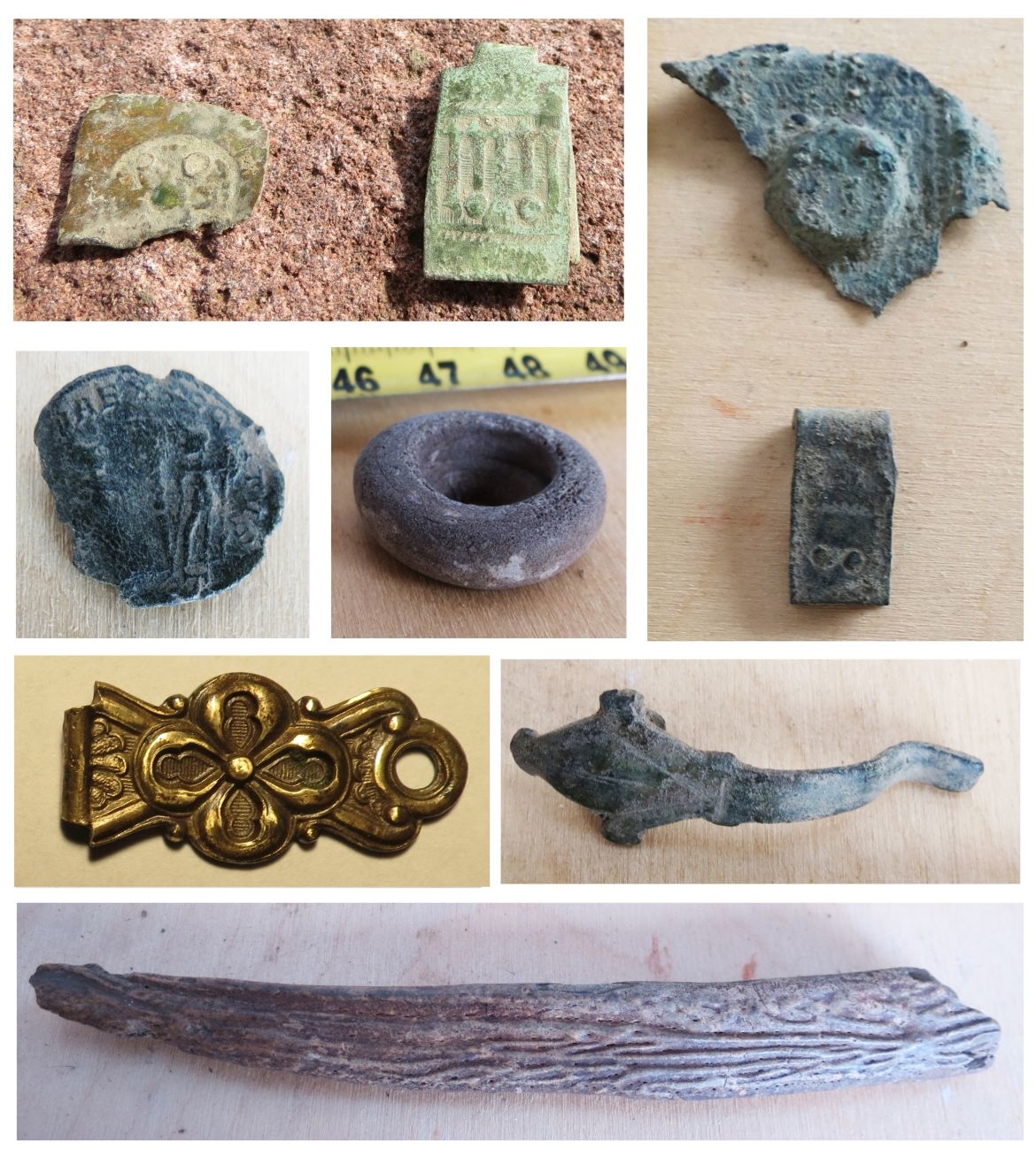 Válogatás az előkerült apróleletekből (könyvveretek és -kapcsok, egy római érem, egy üvegpalack szája, egy vasszerszám agancsnyele)
Forrás: ELKH