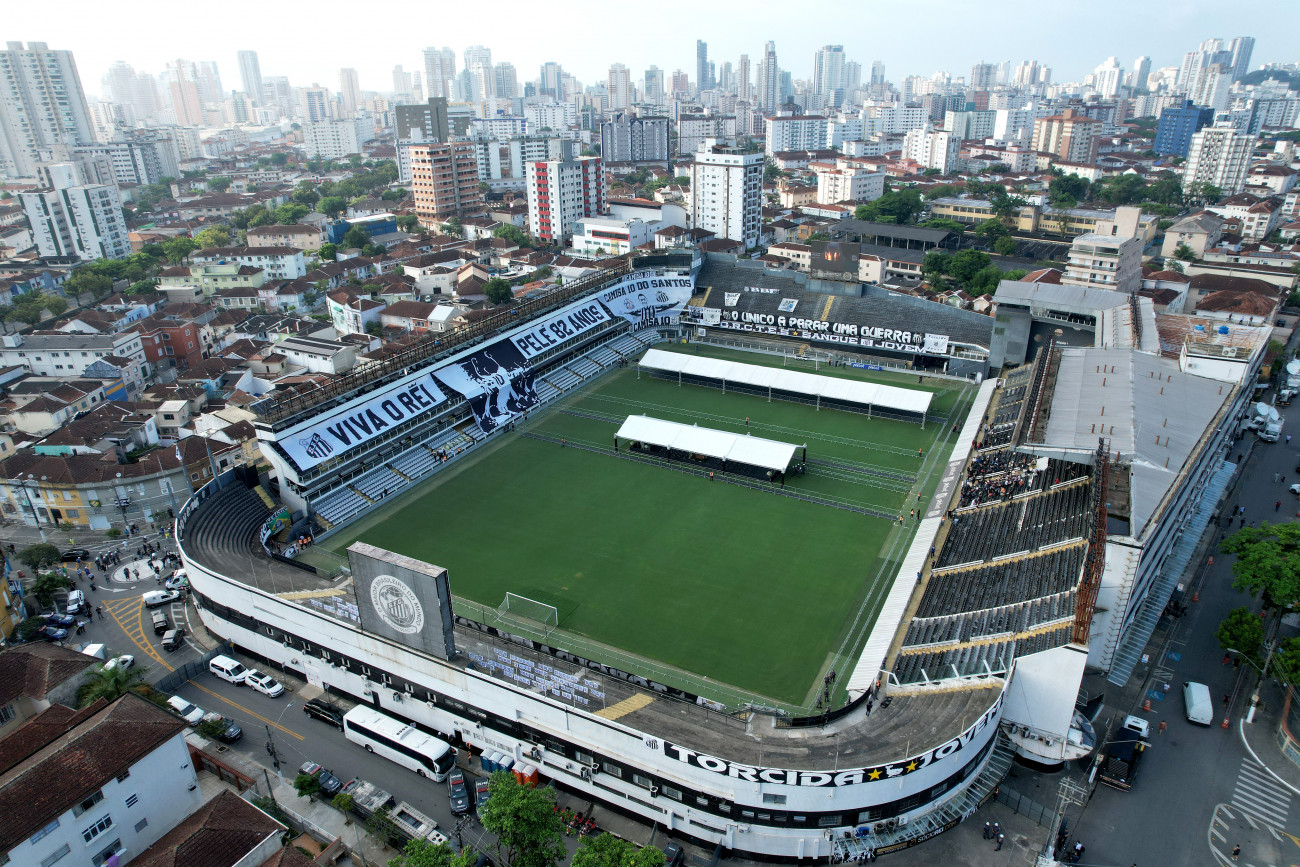 SANTOS, BRAZIL - JANUARY 02: Aerial view of the Urbano Caldeira Stadium ahead of football legend Pele's funeral, which begins later this morning at the stadium on January 02, 2023 in Santos, Brazil. Brazilian football icon Edson Arantes do Nascimento, better known as Pele, died on December 29, 2022 aged 82 after a battle with cancer in Sao Paulo, Brazil. The three-time World Cup champion with Brazil is considered one of the greatest football legends of all time. (Photo by Wagner Meier/Getty Images)