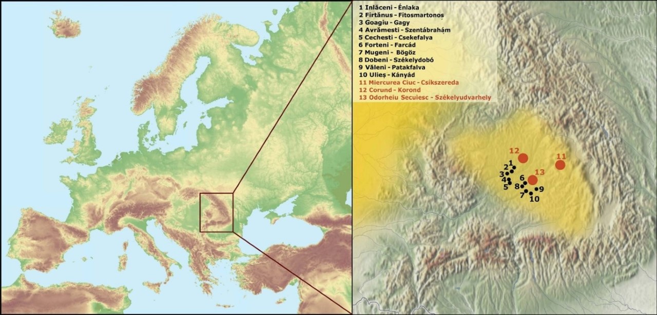 Románia erdélyi részének térképe, amelyen a DNS-minták gyűjtésének helyszínéül szolgáló székely falvak láthatók (fekete színnel jelölve).
A citromsárga háttér a magyar nyelvű népesség, köztük a székelyek, települési területeit jelöli.
A piros narancssárga körök jelzik a korábban gyűjtött és publikált székely adatsorok mintagyűjtési helyeit. Forrás:  ELKH BTK